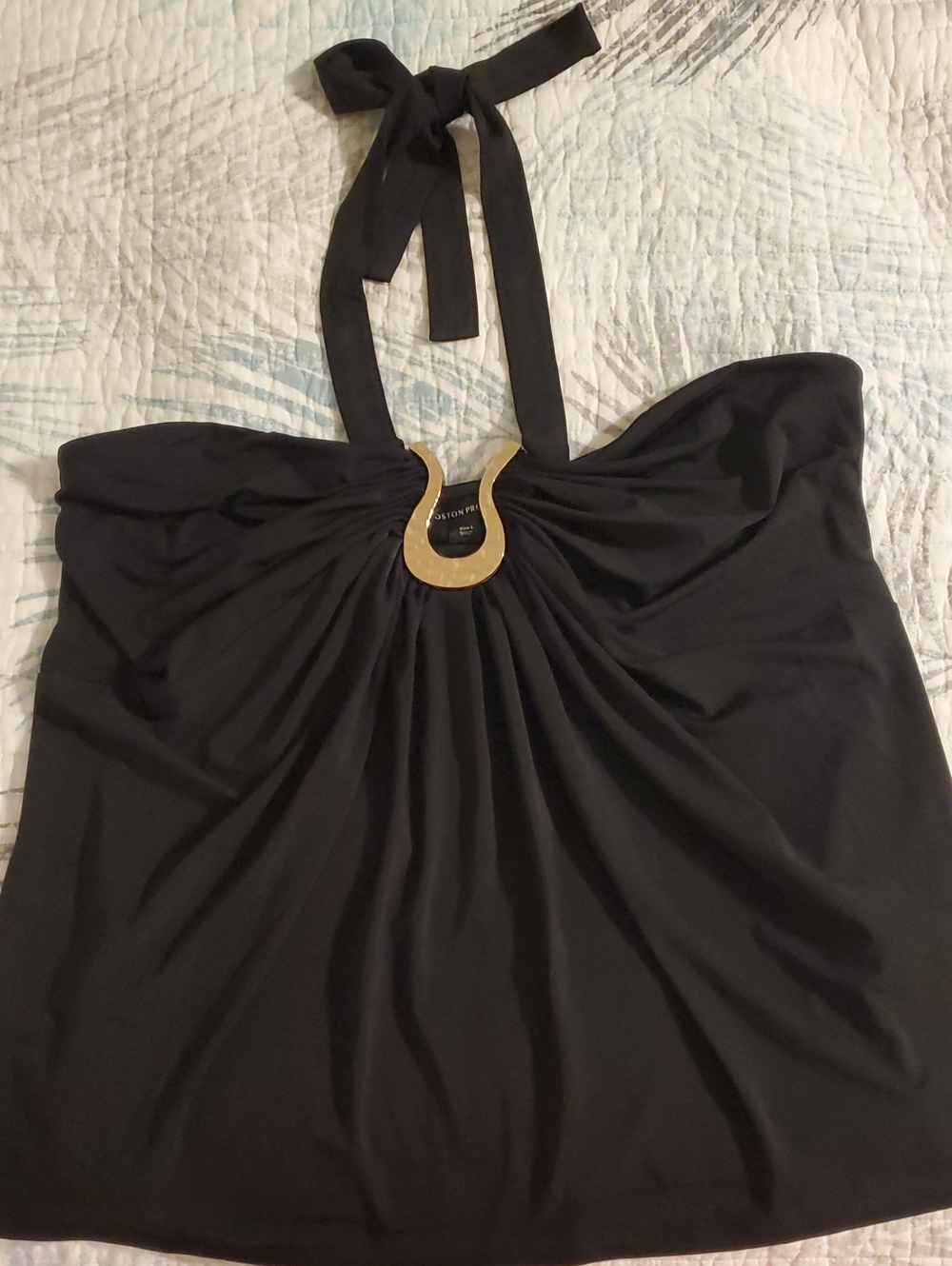 NWOT Boston Proper Black Halter Top Gold Hammered Metal Accent L